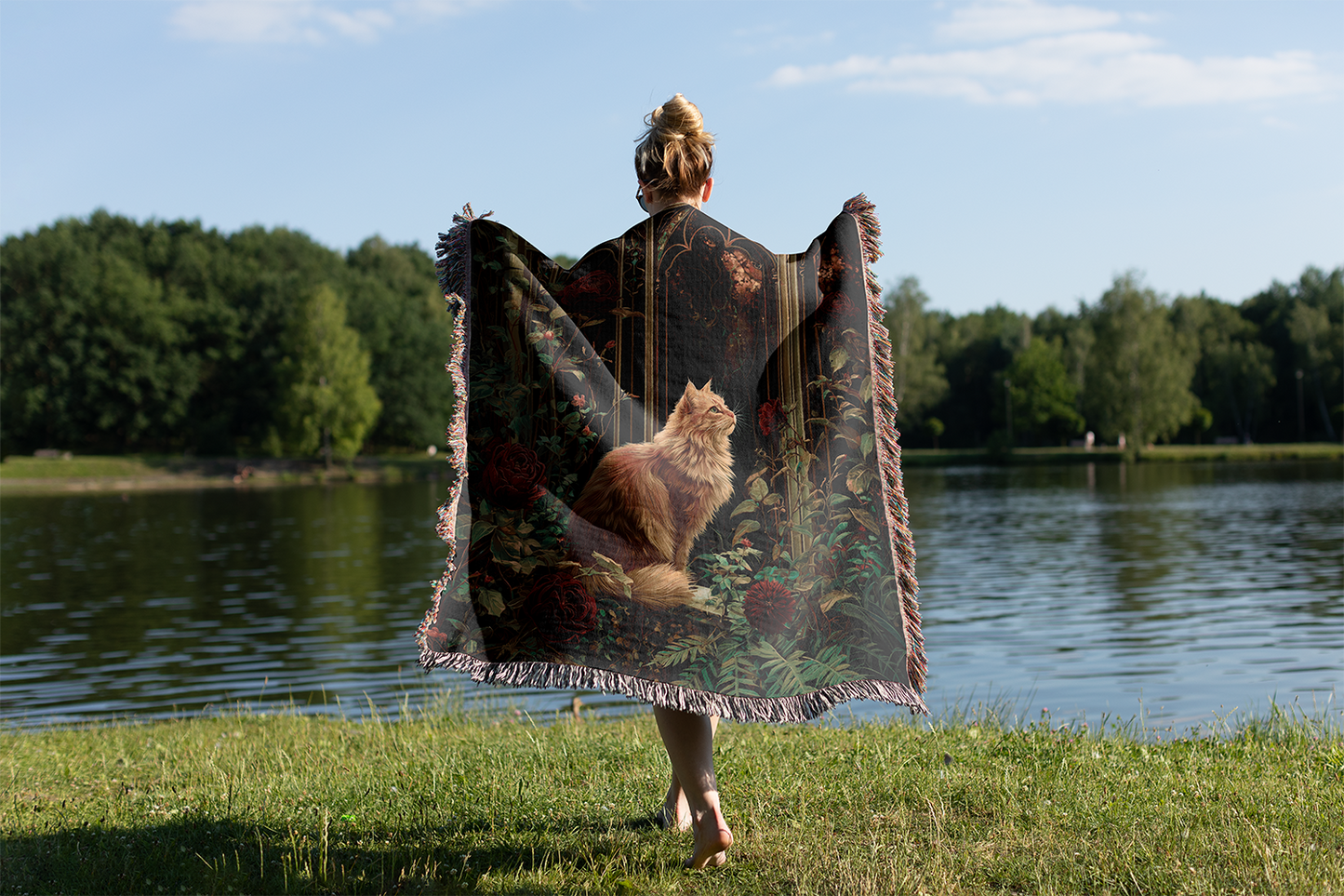 Gothic Cat Woven Blanket, Dark Academia Tapestry, Whimsigoth Botanical Jacquard Throw, Romantic Garden Window Wall Hanging, Cat Lover Gift