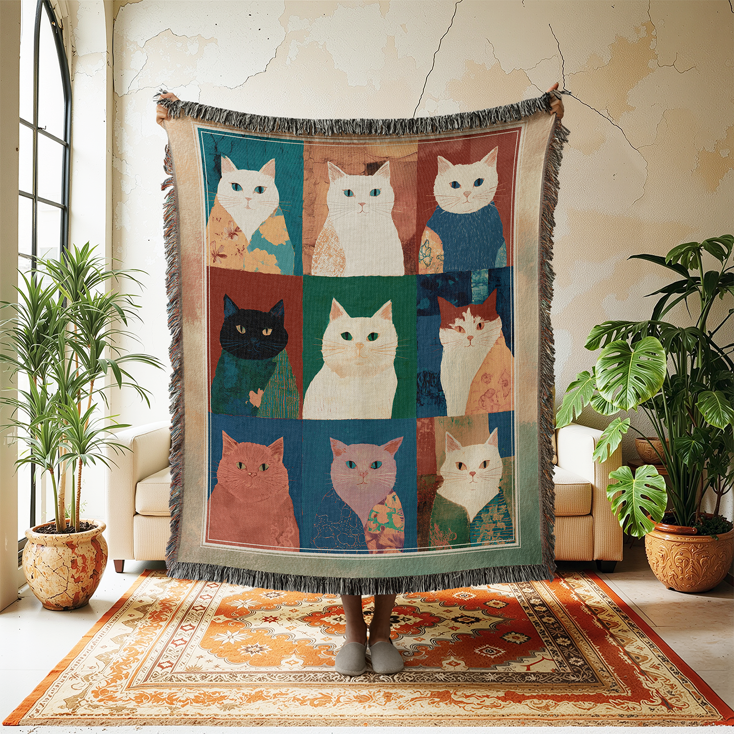 Decorative throw blanket with cat designs hanging in a room with plants and furniture.