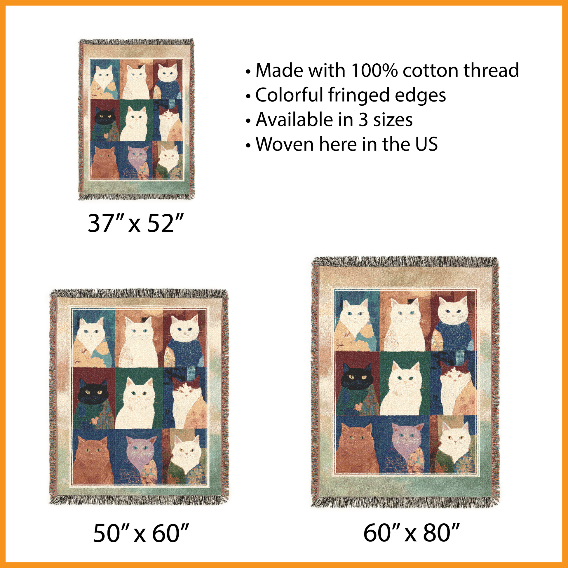 Cat-themed woven blanket with fringed edges, displayed in three sizes on a white background.
