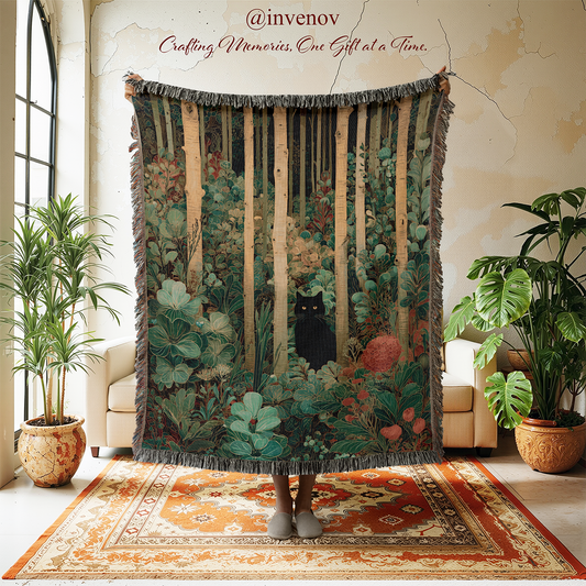 Decorative blanket with forest design  in a room with plants and a rug.