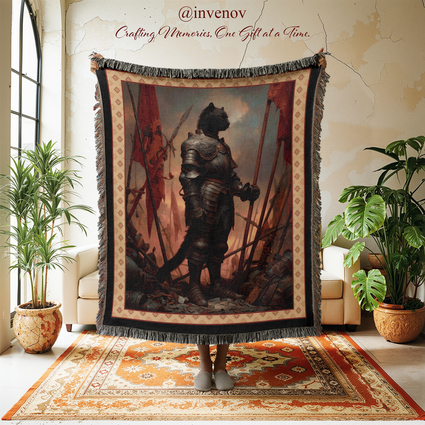 Medieval Black Cat Knight Woven Blanket, Funny Fantasy Armor Throw, Renaissance Pet Portrait Tapestry, Board Gamer Gift, Royal Animal Art