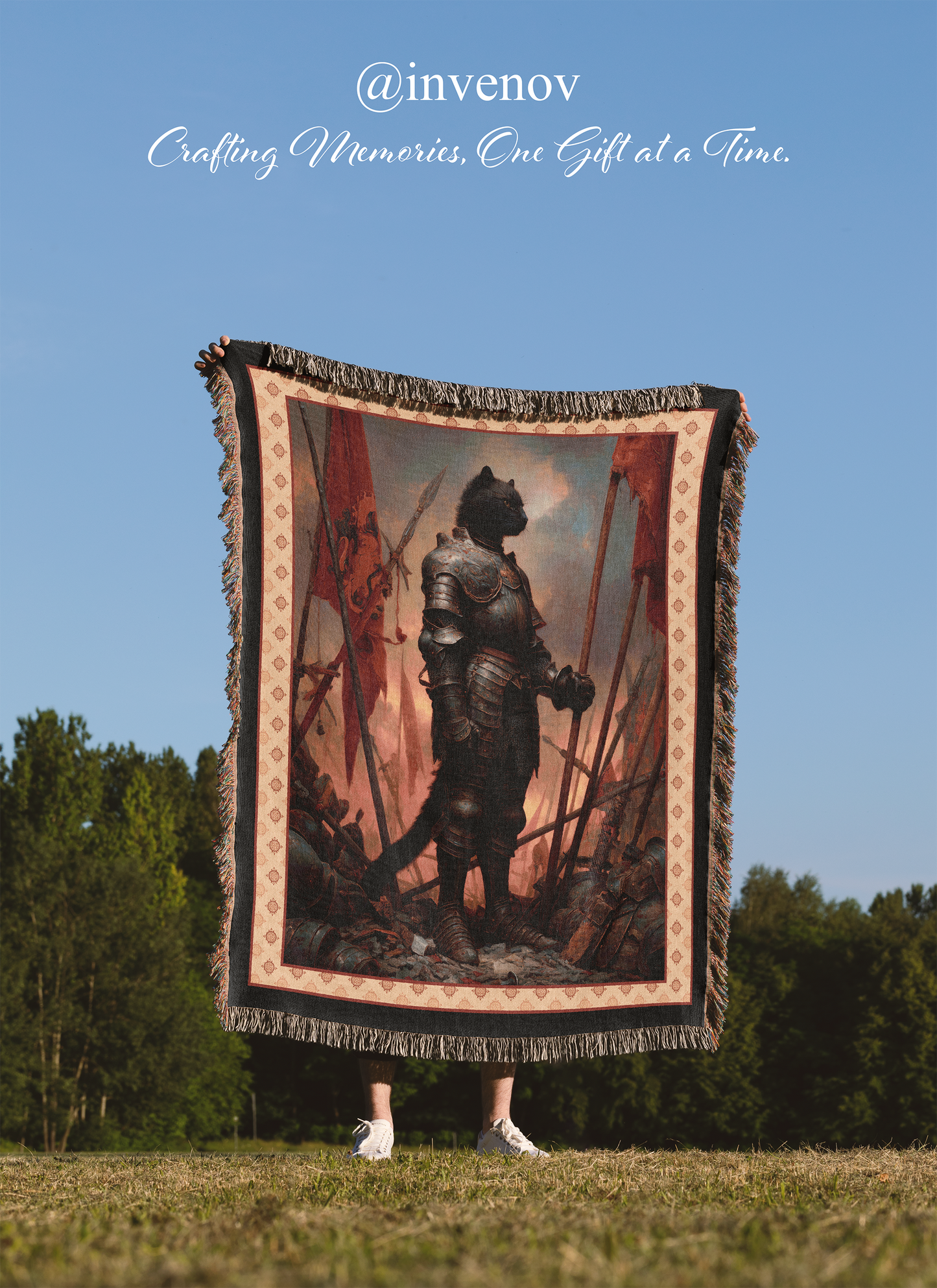 Medieval Black Cat Knight Woven Blanket, Funny Fantasy Armor Throw, Renaissance Pet Portrait Tapestry, Board Gamer Gift, Royal Animal Art