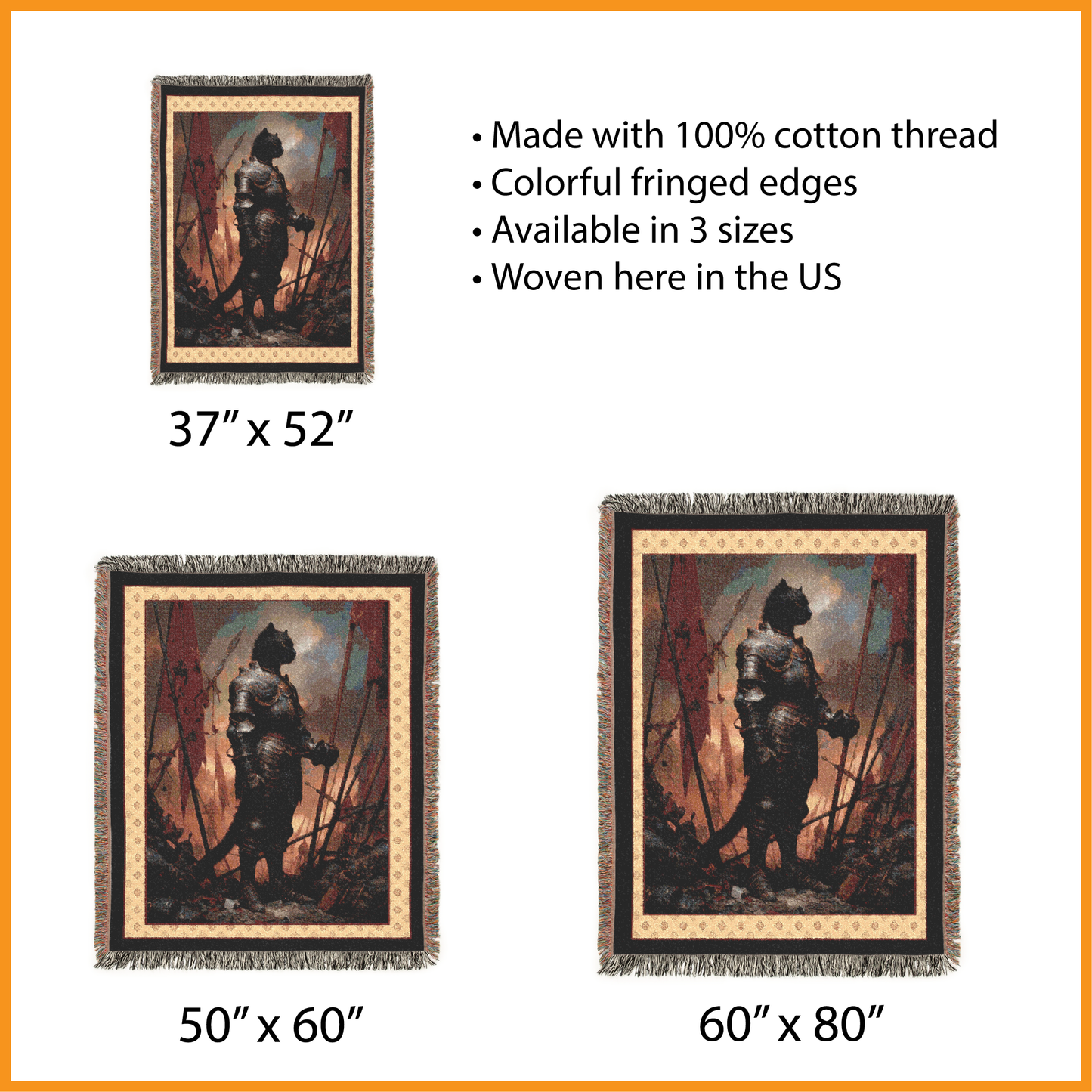 Medieval Black Cat Knight Woven Blanket, Funny Fantasy Armor Throw, Renaissance Pet Portrait Tapestry, Board Gamer Gift, Royal Animal Art