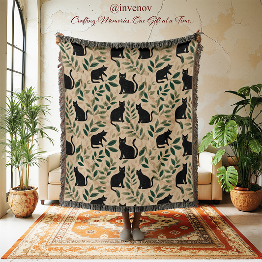 Black Cat Botanical Woven Blanket, Cottagecore Leaf Pattern Throw, Cute Cat Mom Gift, Whimsigoth Nature Decor, Green Floral Tapestry