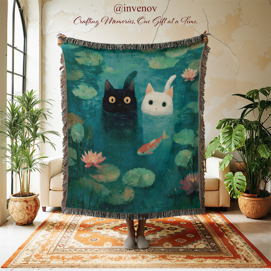 Decorative blanket with cats and fish design in a room with plants and furniture.