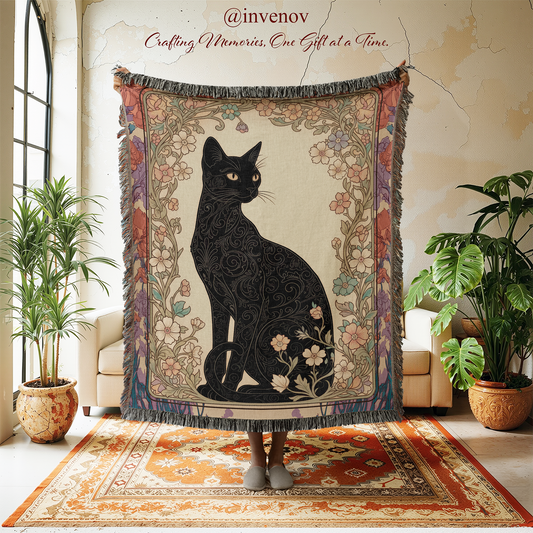 Decorative throw blanket with a black cat design in a room with plants and furniture.