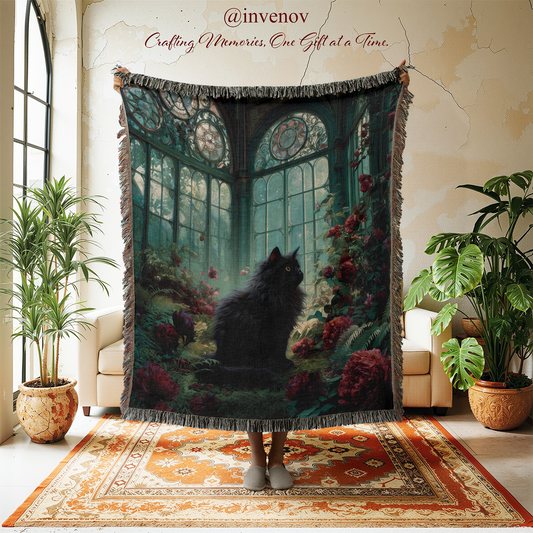 Person standing on a rug with a decorative blanket featuring a cat and floral design, in a room with plants and furniture.