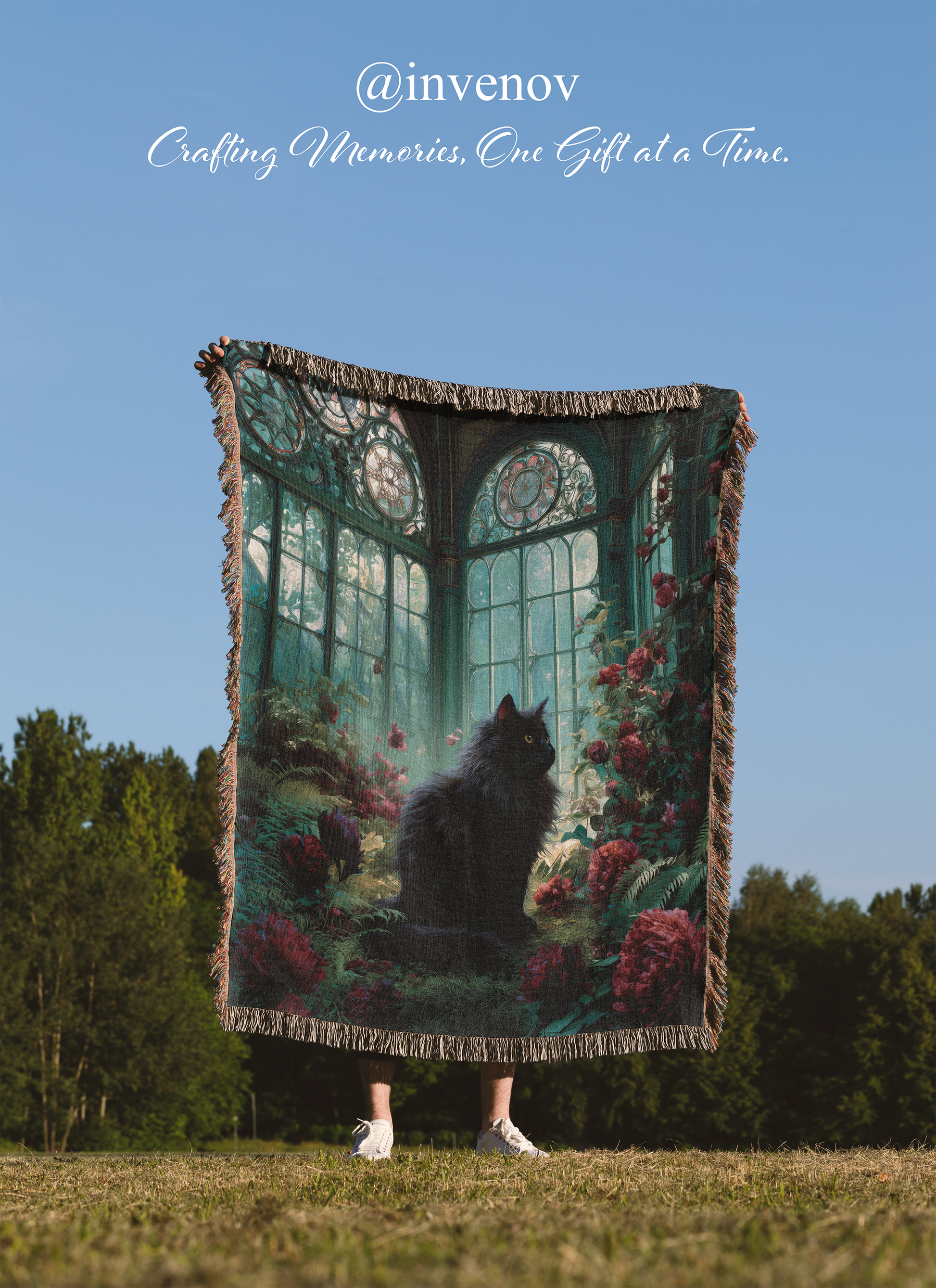 Person holding a tapestry with a scenic design of a garden and cat, outdoors.