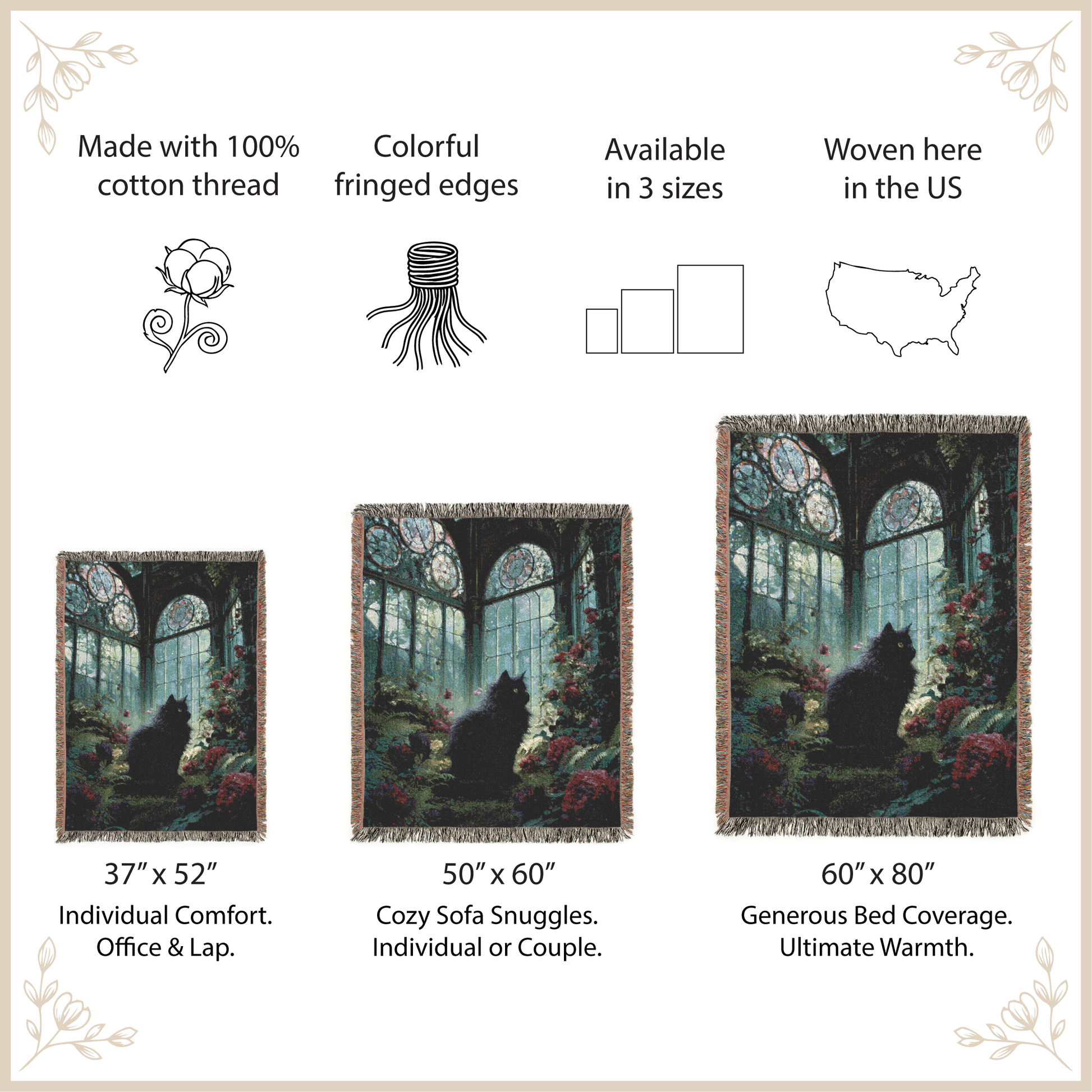 Decorative throw blanket with cat design, size options, and product details.