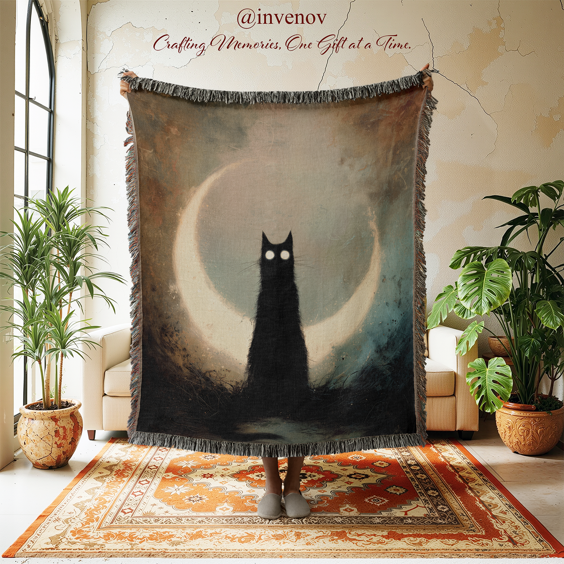 Woven blanket with a black cat design in a room with plants and furniture.