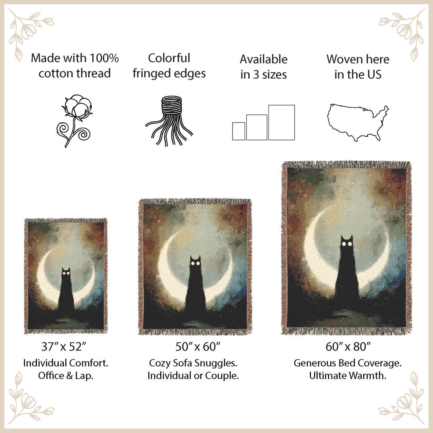 Three sizes of a woven blanket with cat design, each size indicated by dimensions and description.