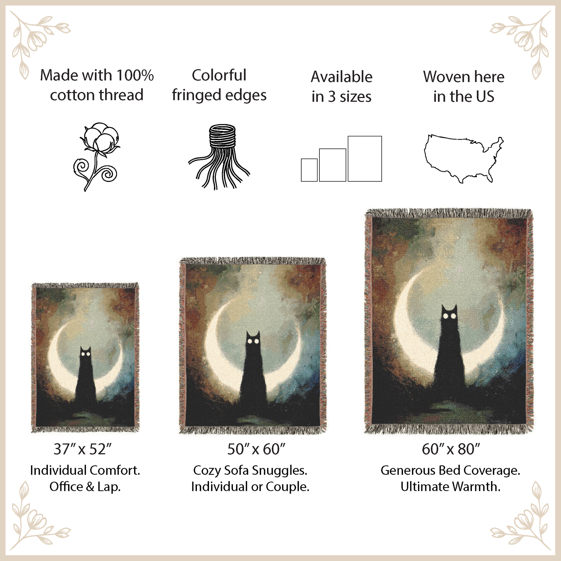 Three sizes of a woven blanket with cat design, each size indicated by dimensions and description.