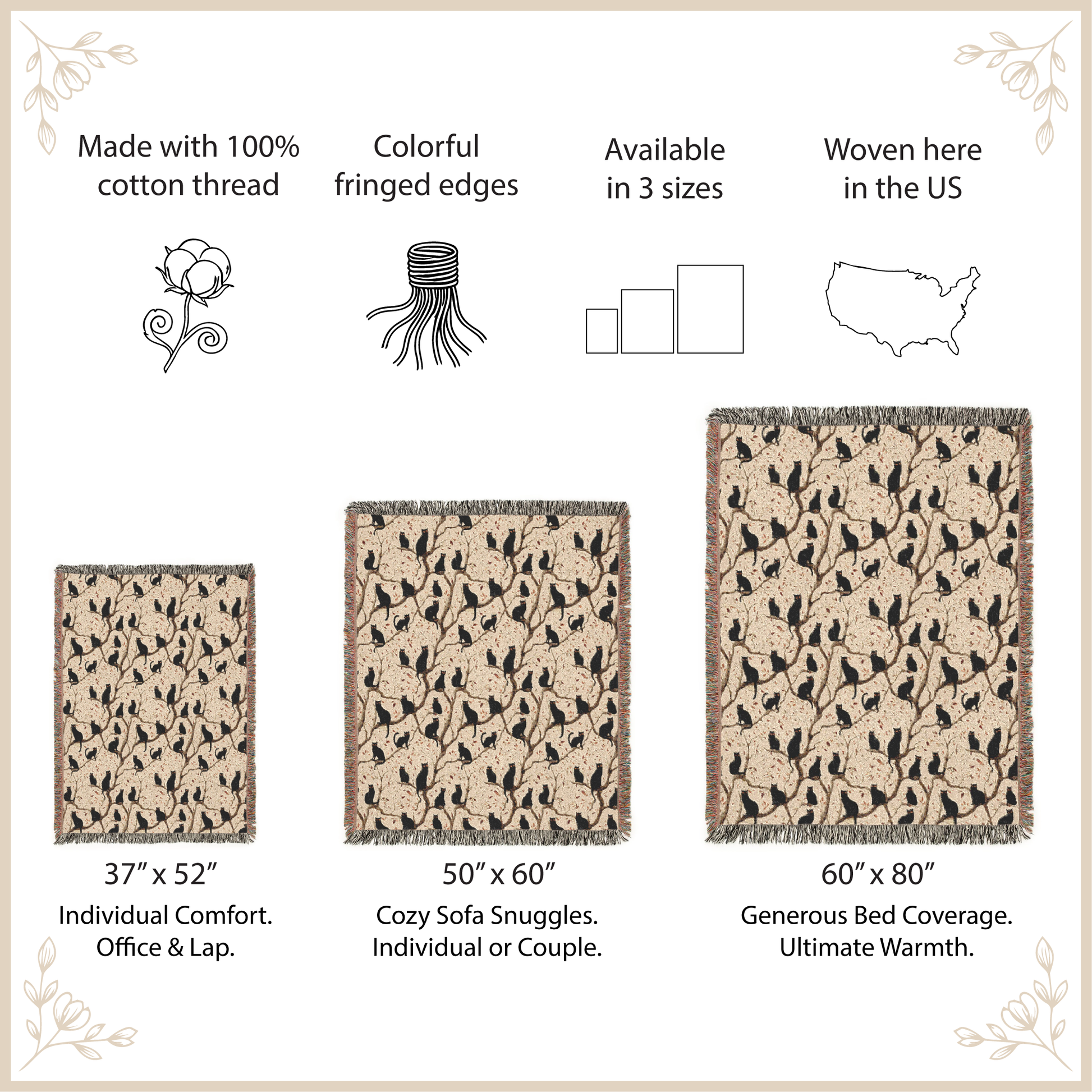 Woven blanket with decorative pattern and size information on a beige background