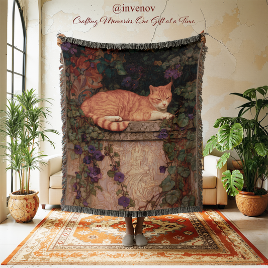 Decorative blanket with a cat design in a room with plants and furniture.