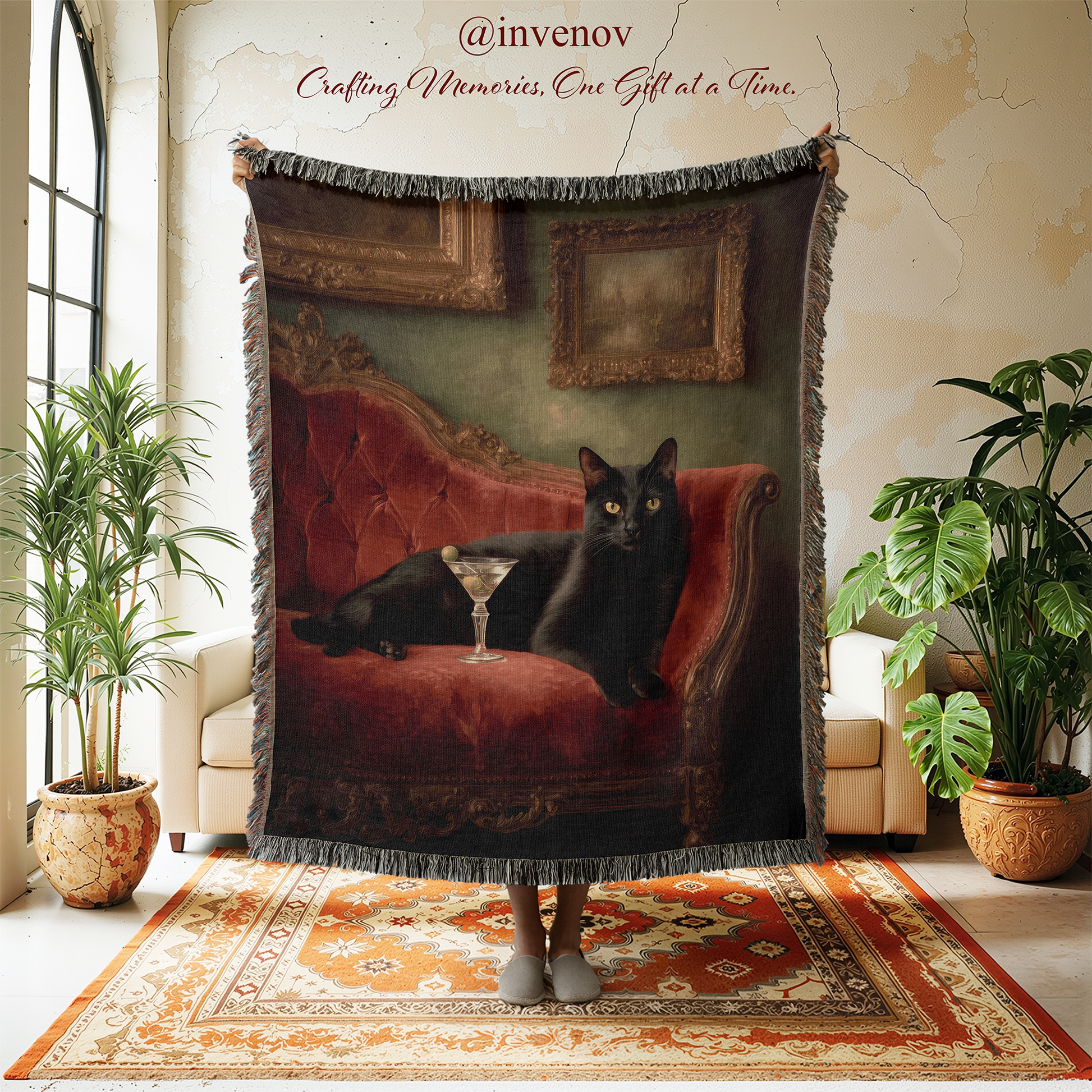 Blanket with a cat design displayed in a room with plants and furniture.