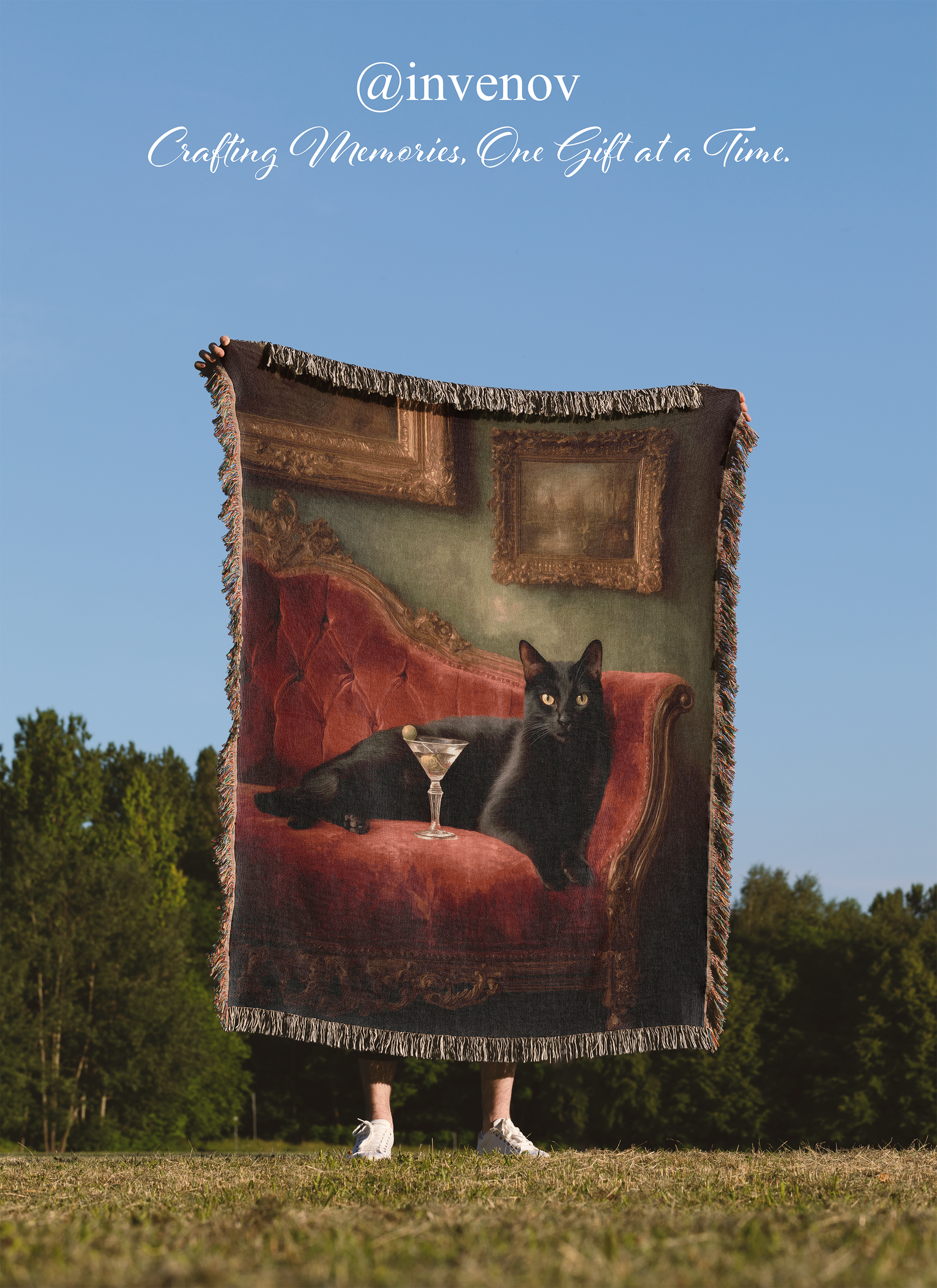 Person holding a blanket with a cat design outdoors