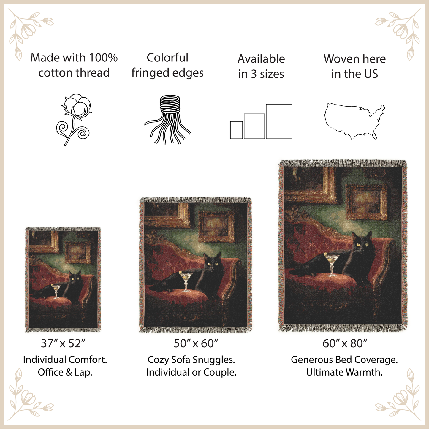 Woven blanket with cat design, featuring size options and product details.