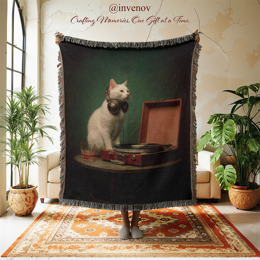 Blanket with a cat design in a room with plants and furniture.