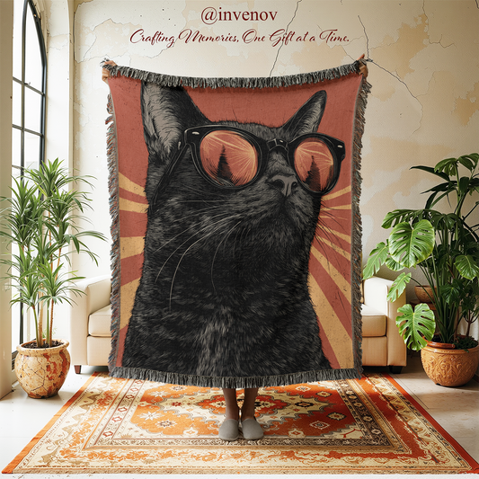 Woven blanket with a cat wearing glasses graphic