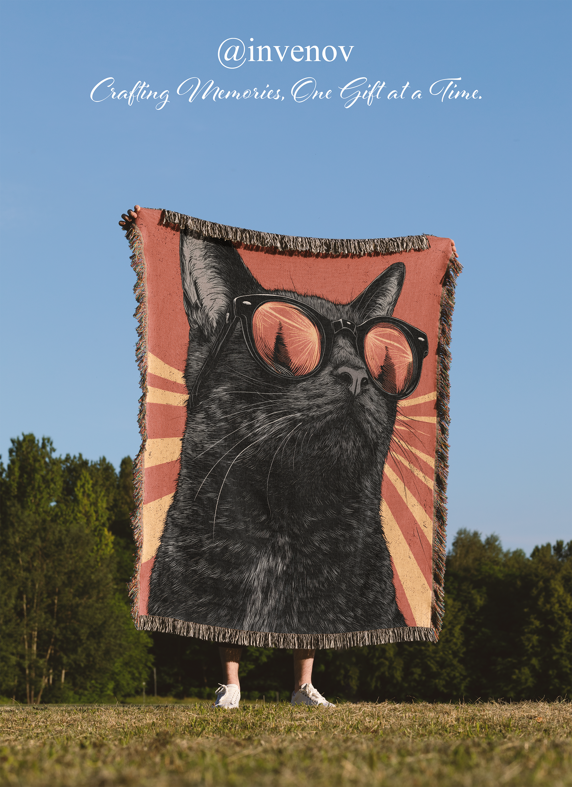 Woven blanket with a cat wearing glasses graphic