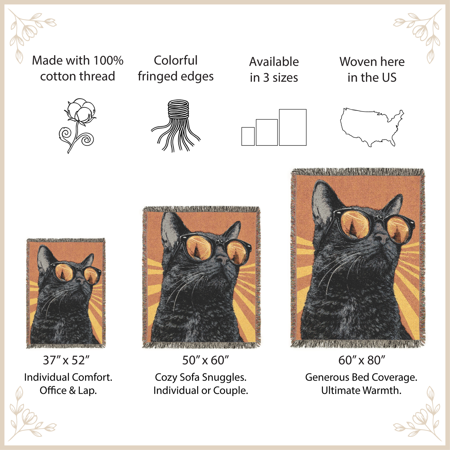 Cat-themed woven blanket with fringed edges and various sizes on a beige background.