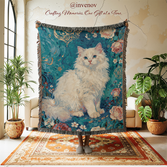 Decorative blanket with a cat design in a room with plants and furniture.
