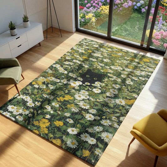 Floral rug with a black cat design on a wooden floor in a room with a garden view.