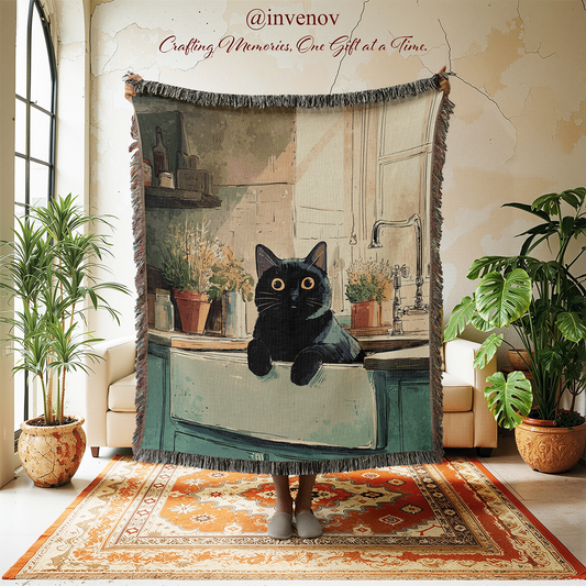 Tapestry with a black cat design in a room with plants and furniture.
