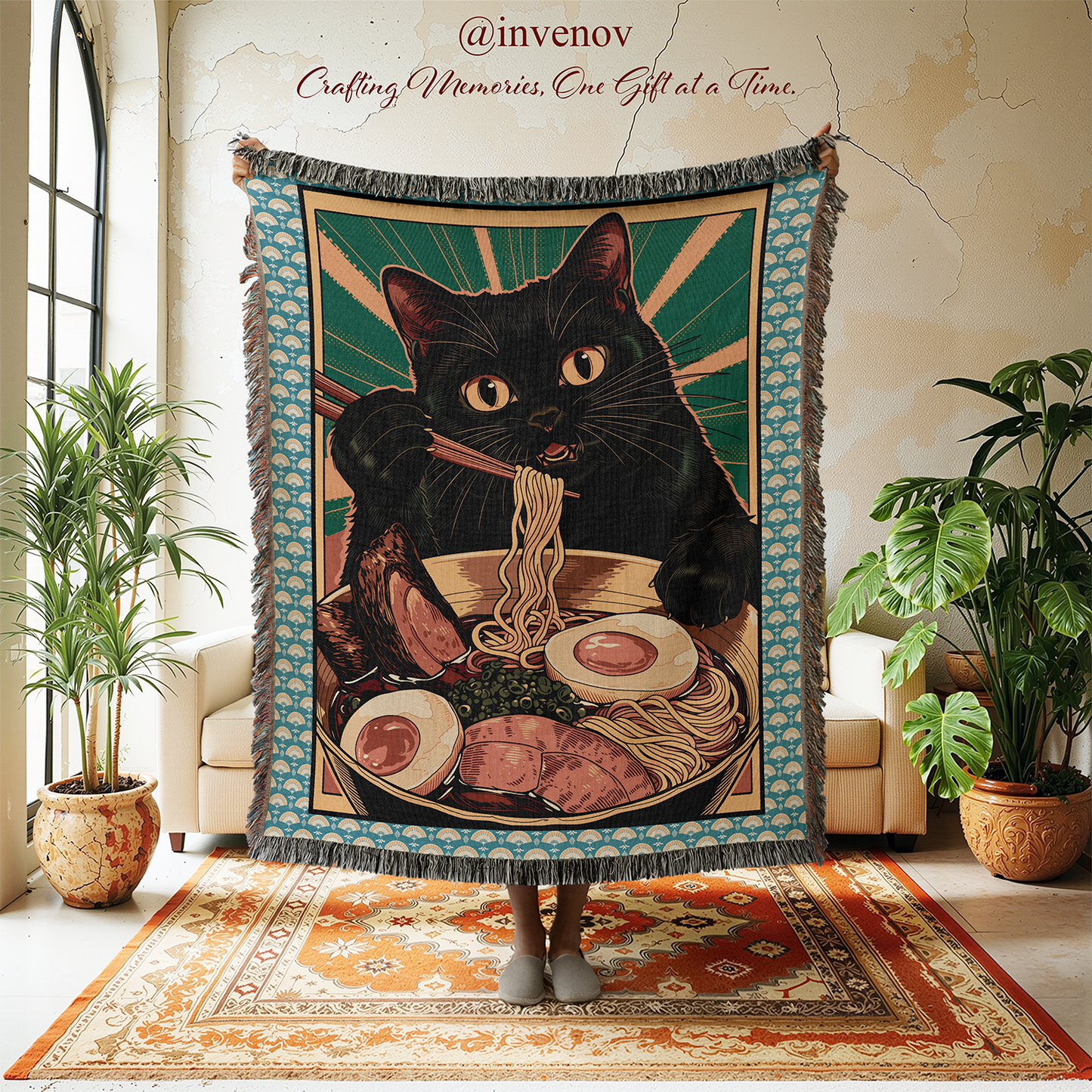 Woven blanket with a cat eating ramen design in a room with plants and furniture.