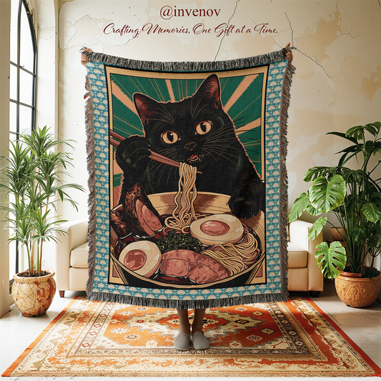 Woven blanket with a cat eating ramen design in a room with plants and furniture.