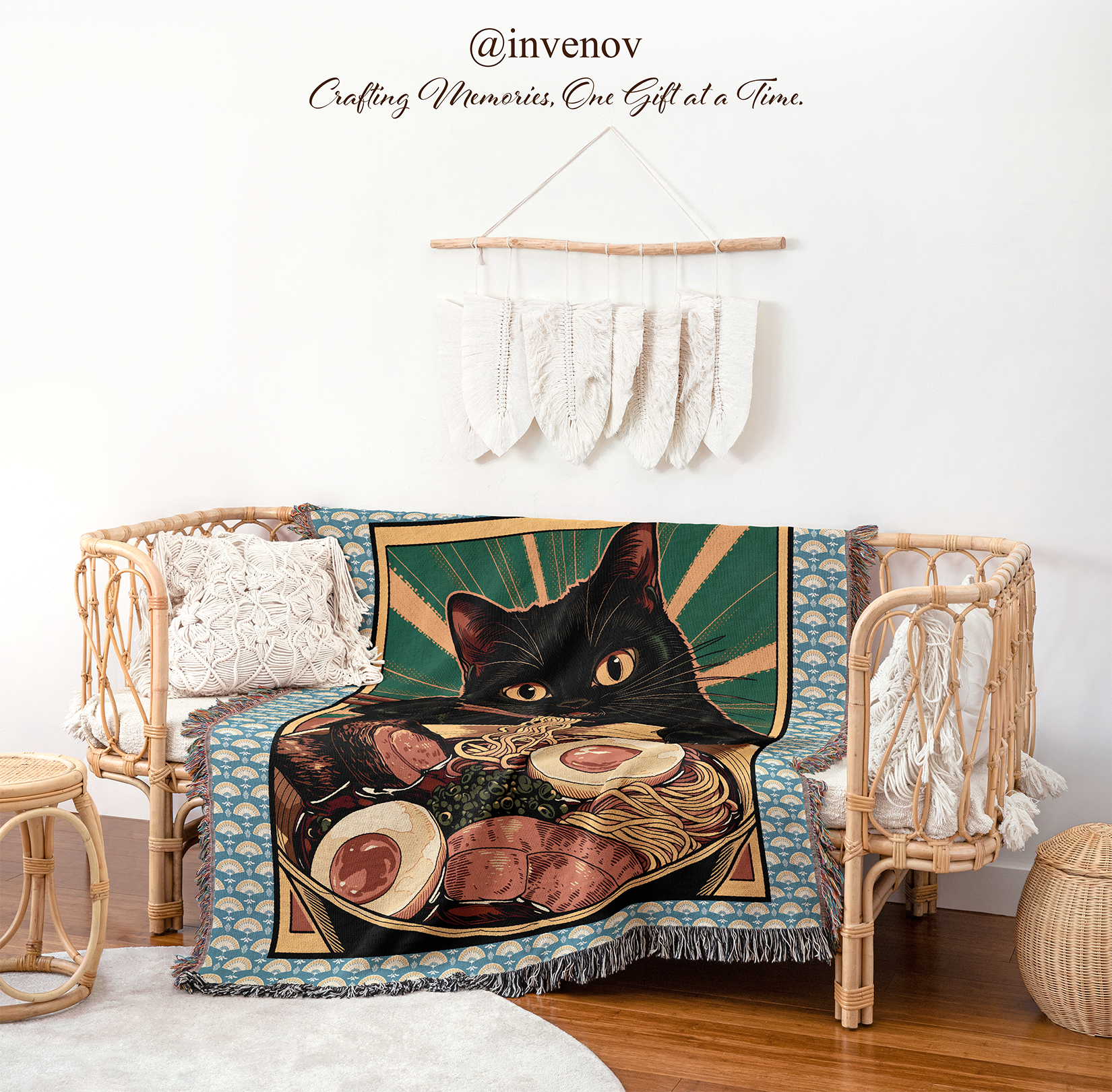 Decorative blanket with a cat design draped over a chair in a room setting.