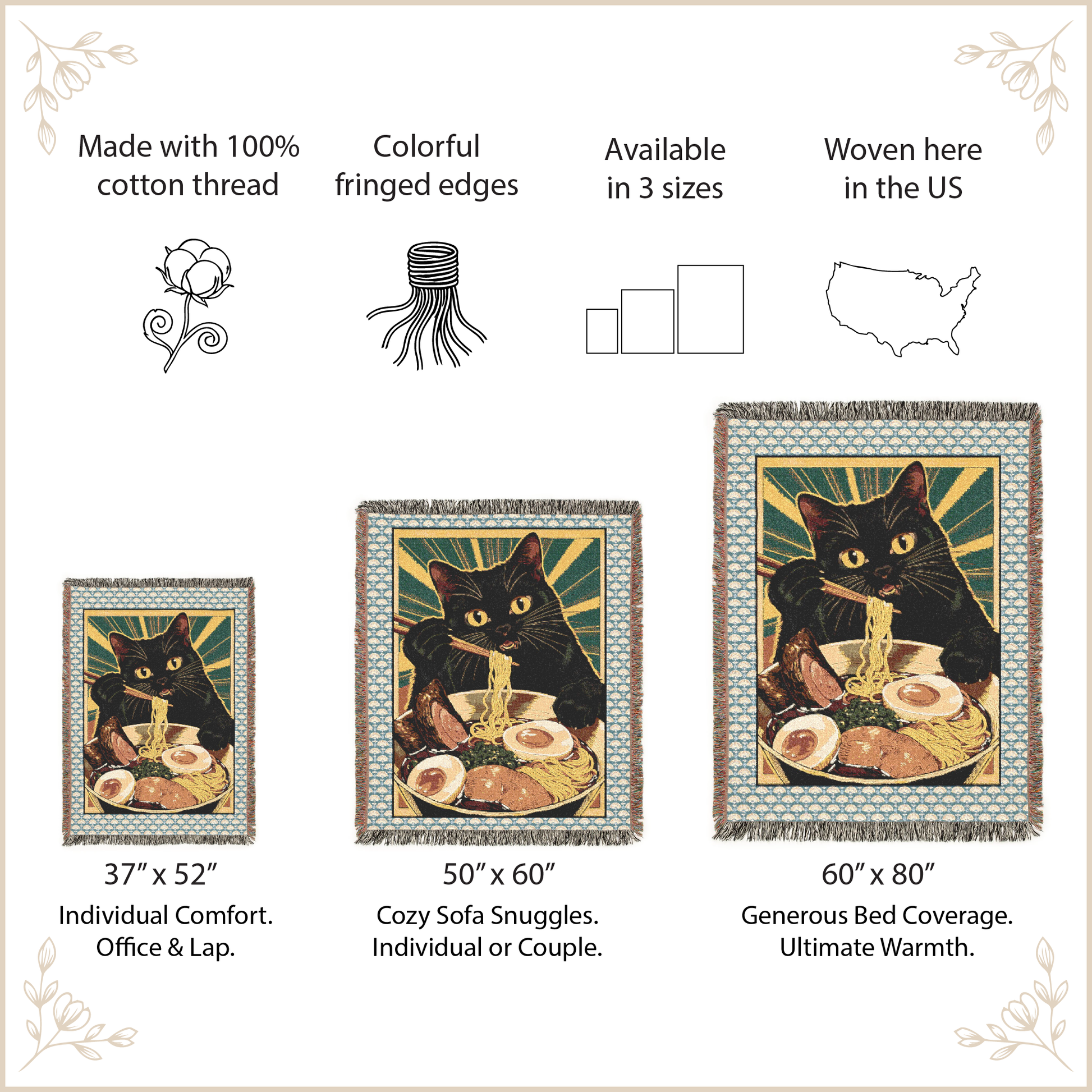 Cat-themed tapestries with dimensions and features listed on a beige background.