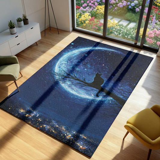 Decorative rug with a cat -themed design in a room with a garden view.