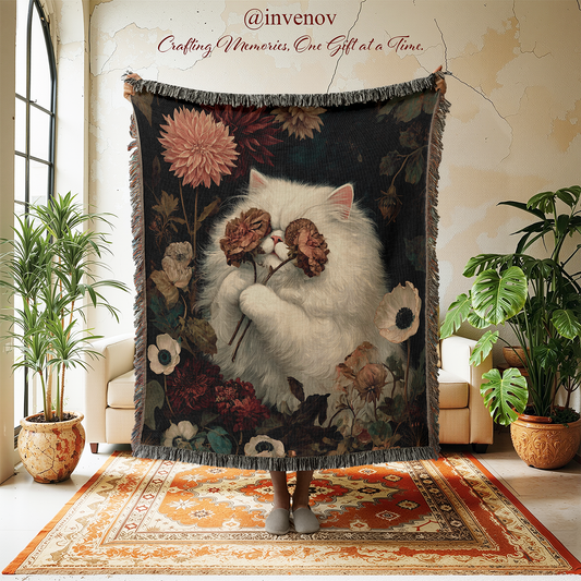 Woven blanket with cat designs