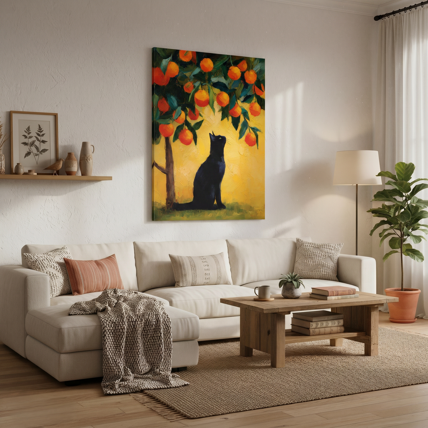 Living room with a painting of a cat under an orange tree on the wall.