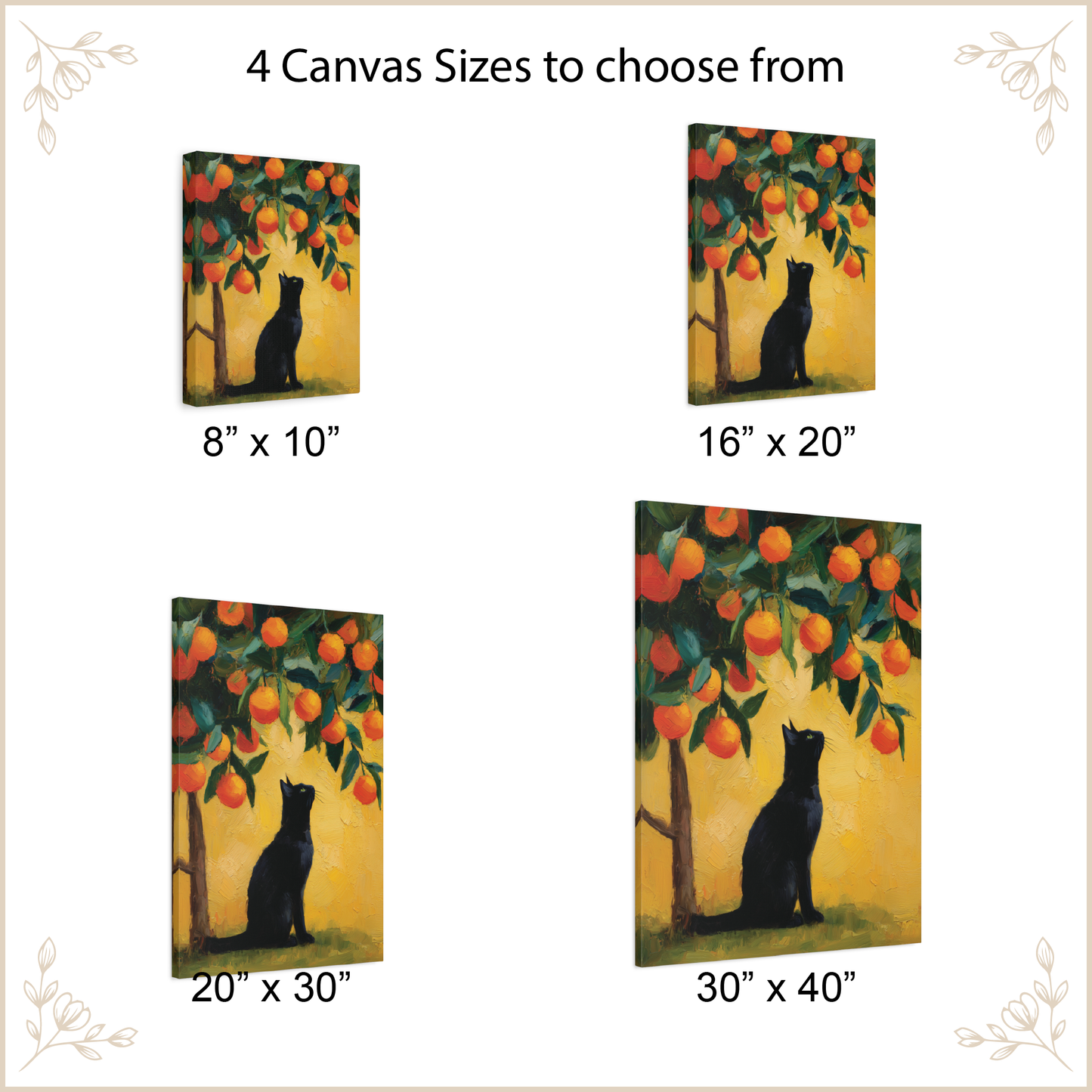 Canvas prints of a cat under an apple tree with available sizes displayed.