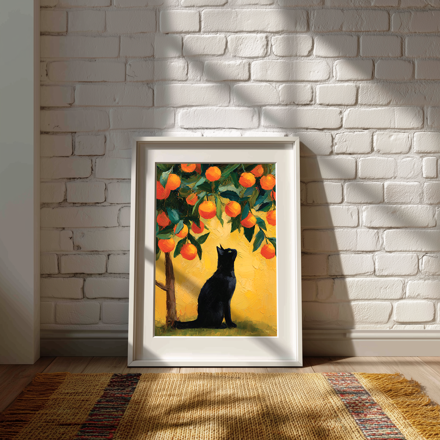 artwork of a black cat under an orange tree on a white brick wall.