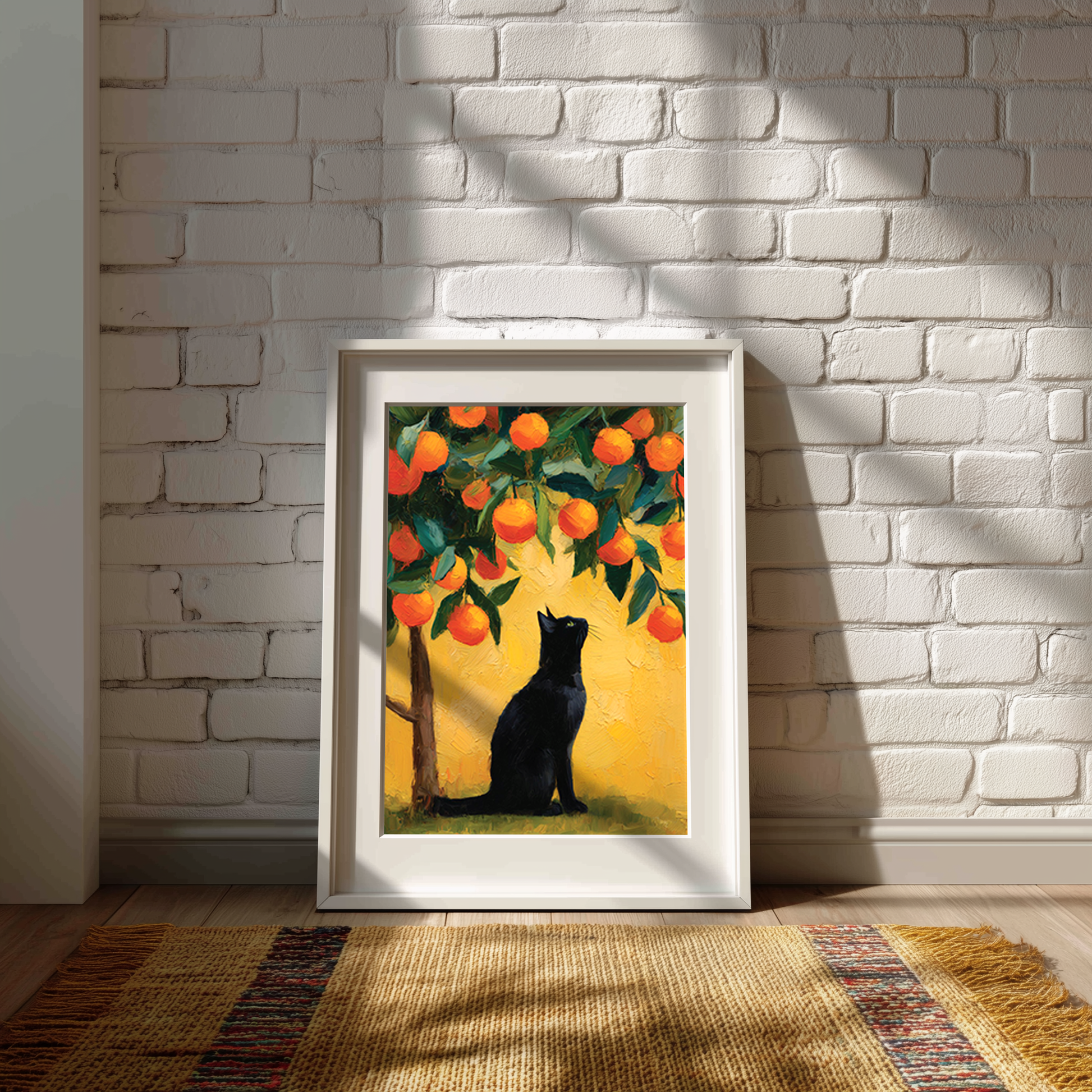 artwork of a black cat under an orange tree on a white brick wall.