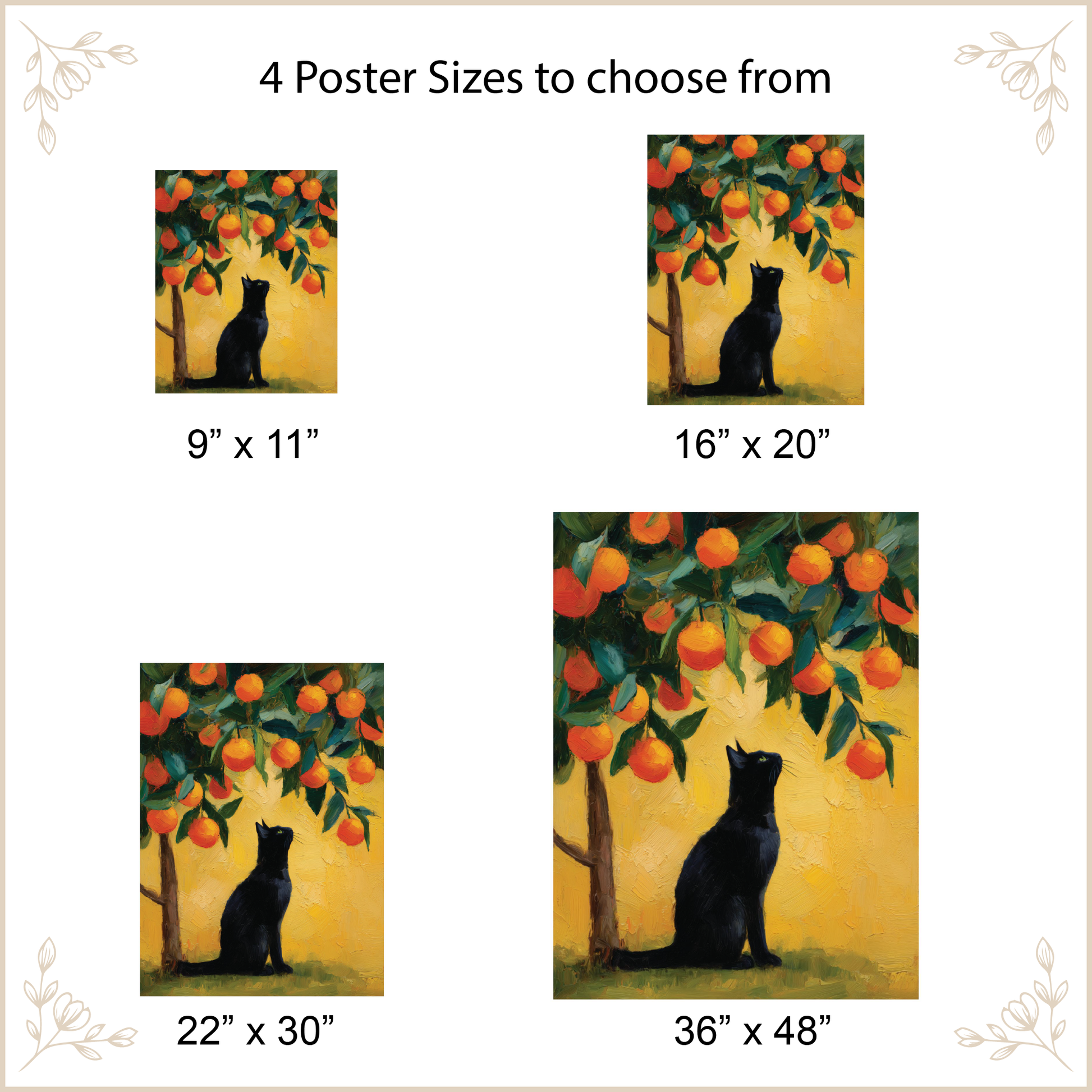 Four poster sizes of a black cat under an orange tree with different dimensions.