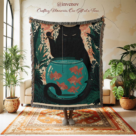A large woven throw blanket with fringe is held up in a styled room. The blanket features an illustration of a black cat fishing from a teal fishbowl with goldfish, surrounded by dark foliage and peach floral details.