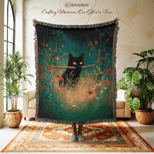 A large woven throw blanket with fringe is held up in a styled room. The blanket features a dark illustration of a black cat holding a twig in a teal and green floral field.