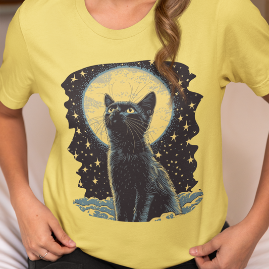 Mystical Cat Graphic T-Shirt, Night Sky Tee, Celestial Moon Cat Shirt, Ethereal Feline Top, Magical Cat Apparel, Cat Lover Shirt