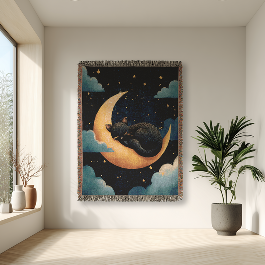 Decorative wall tapestry with a cat on a moon design in a room with plants and a window.