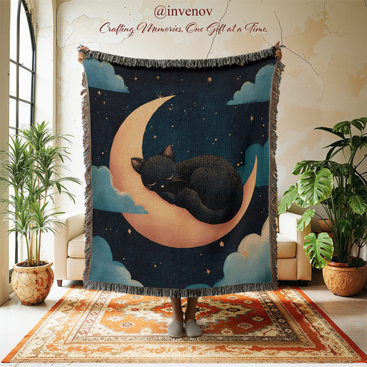 Woven blanket with black cat graphic