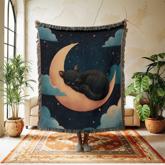 Black Cat Woven Blanket, Celestial Moon Tapestry, Witchy Starry Night Jacquard Throw, Dark Cottagecore Wall Hanging, Cute Cat Lover Gift