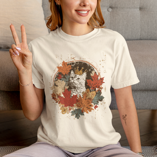 Comfort Colors Vintage Style Cat with Fall Leaves Shirt, Retro 70s Style Tee, Autumn Cat Lover Shirt, Distressed Style Crown Cat King Shirt