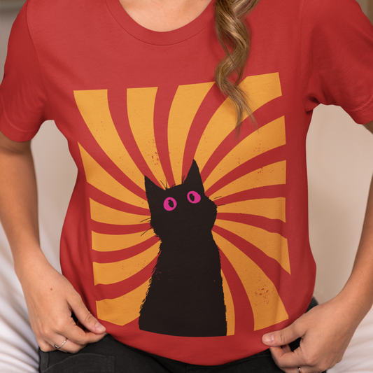 Black Graphic Cat Swirling Sunburst Shirt, Artistic Stylized Feline Tee, Distressed Style, Abstract Style Cat Pink Eye T-shirt, XS-3XL