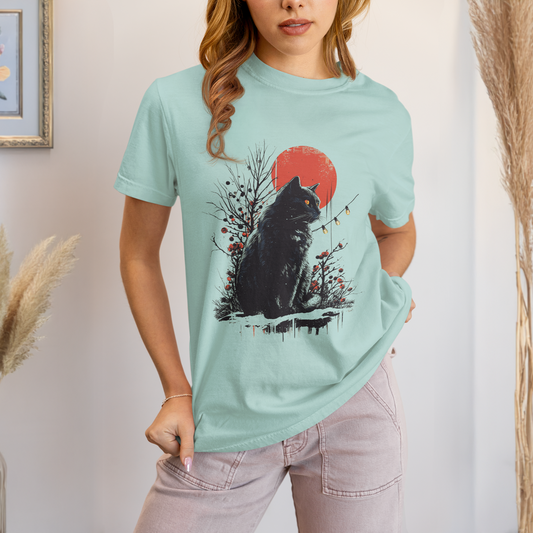 Black Graphic Cat Christmas T-Shirt, Festive Holiday Cat Shirt with Sun & Winter Lights, Xmas Cat Lover Gift Tee