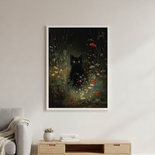 Enchanting Black Cat in Wildflower Meadow Canvas or Poster Print, Vintage Style Art Print, Dark Cottagecore Witchy Decor, Botanical Wall Art