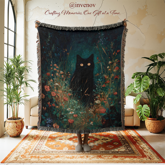Person holding a tapestry with a black cat design in a room with plants and a rug.